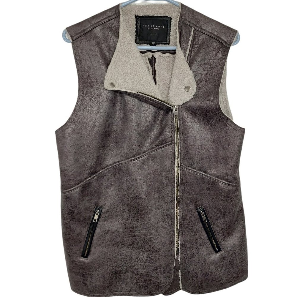 Sanctuary Sleeveless Faux Leather Vest Jacket - Sherpa Lined - Women's Size S
